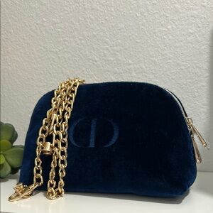 Dior Navy Blue Velvet Cosmetic Bag with Gold Chain